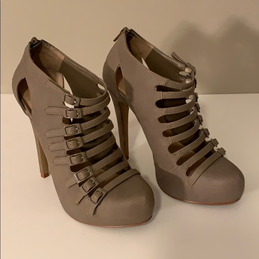 Aldo Taupe Buckle Bootie Heels